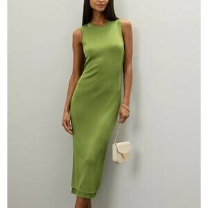 Atlein Chartreuse Knit Midi Tank Dress MEDIUM Bodycon Silky Ruched Designer $445